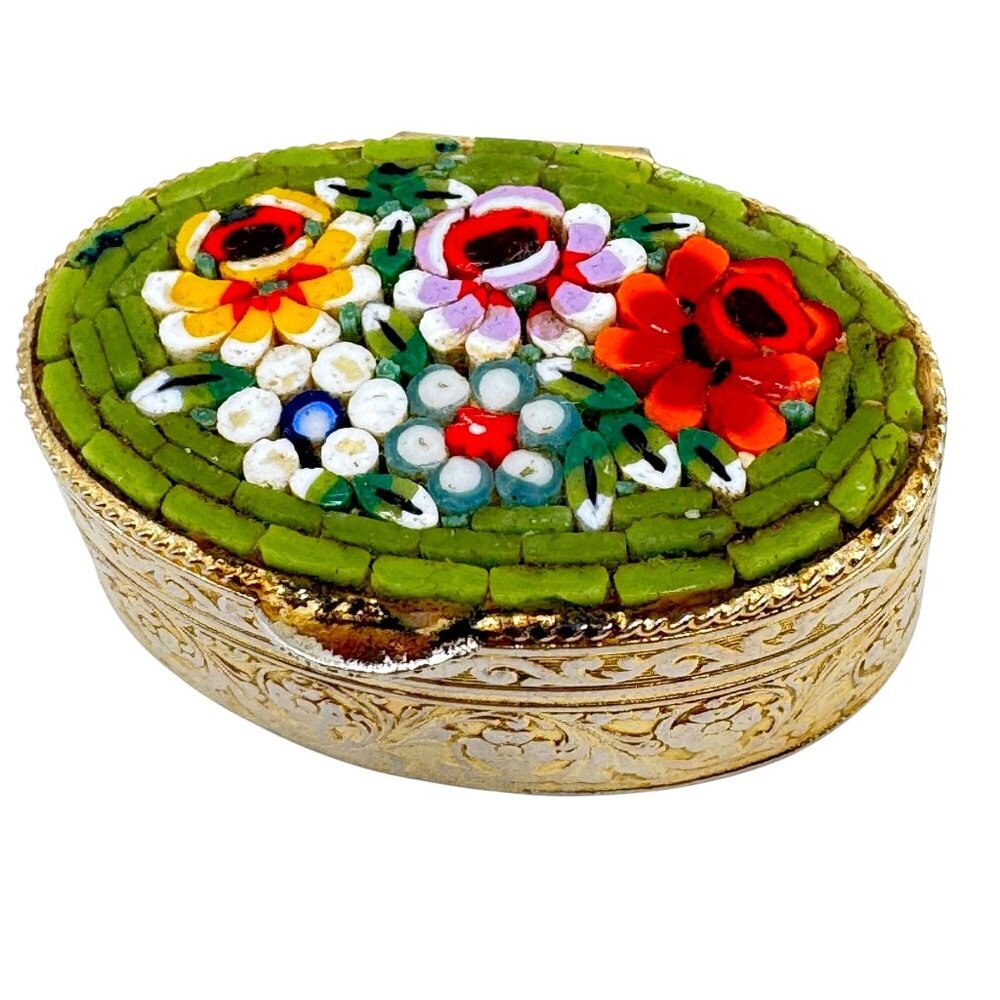 Oval Miniature Gold-Tone Vtg Micro Mosaic Floral Trinket Box Hinged Lid Ornate